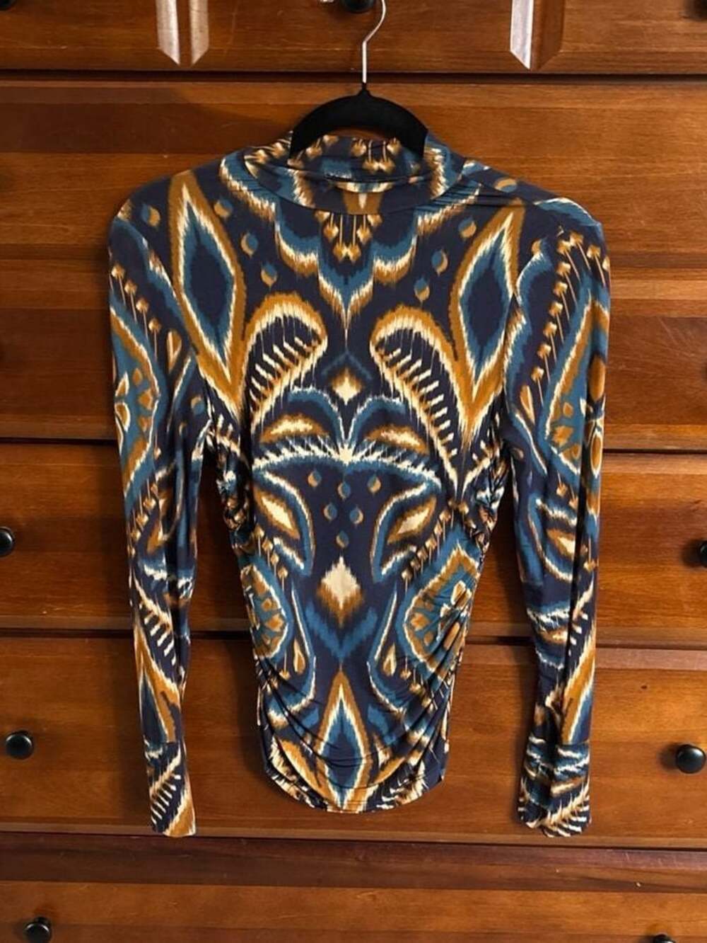 FARM Rio Pineapple Ikat Blue Mock Neck Jersey Blouse